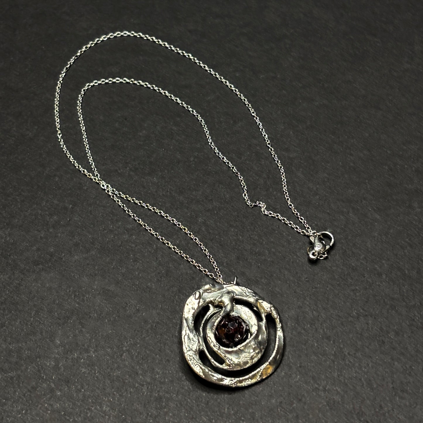 Soft Solder Abstract Garnet Circle Pendant on Chain Necklace