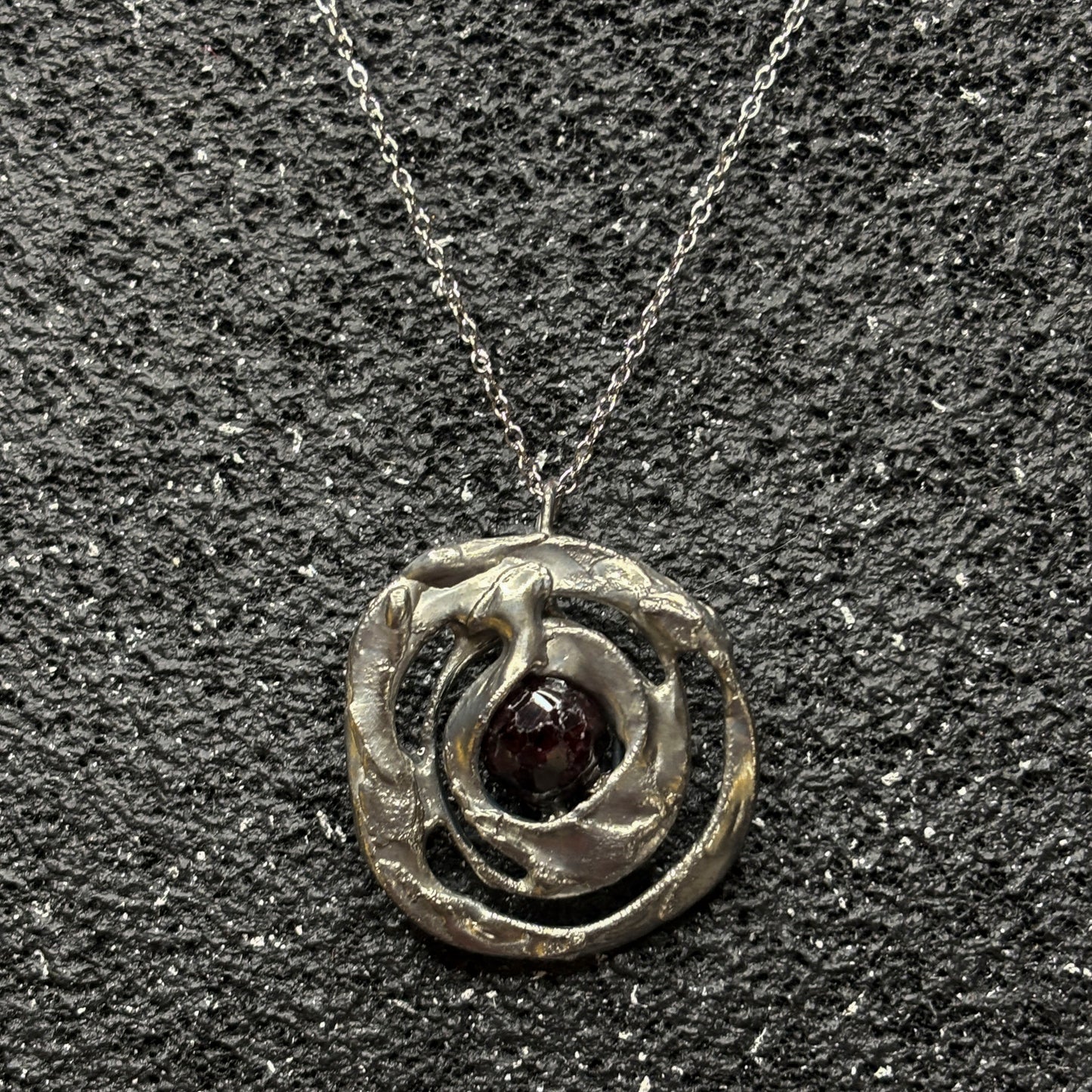 Soft Solder Abstract Garnet Circle Pendant on Chain Necklace