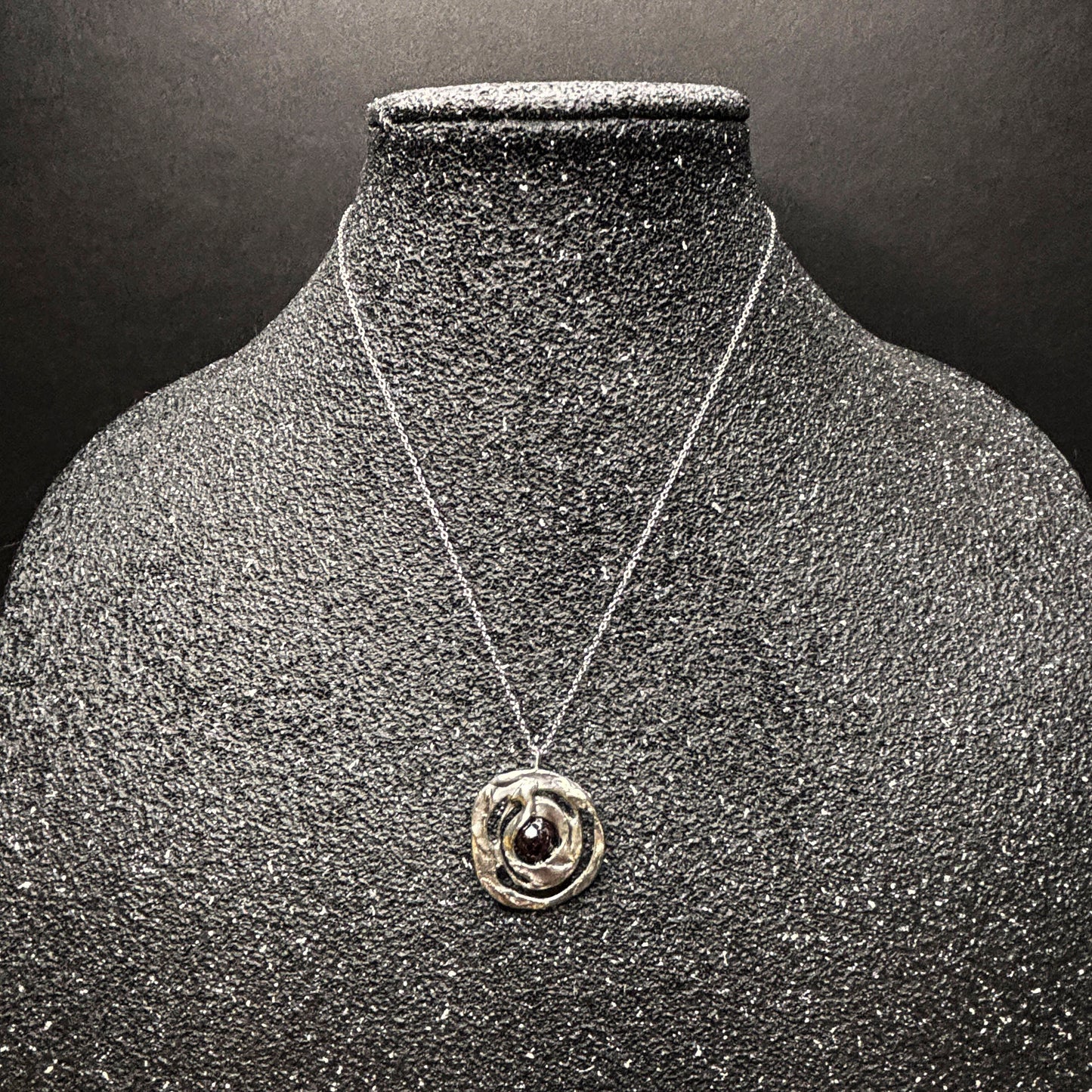 Soft Solder Abstract Garnet Circle Pendant on Chain Necklace
