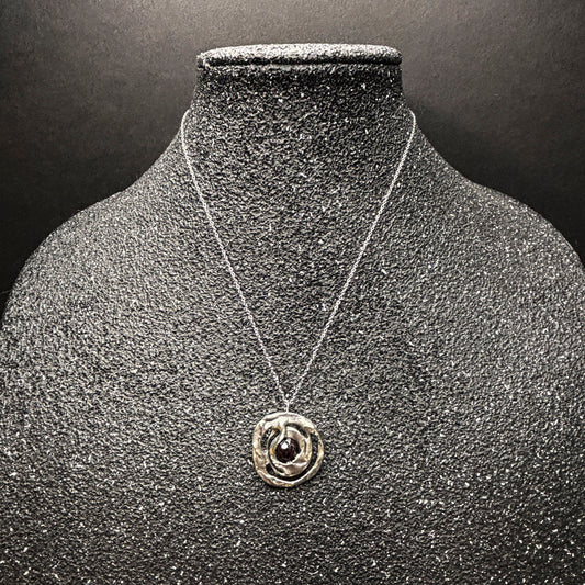 Soft Solder Abstract Garnet Circle Pendant on Chain Necklace