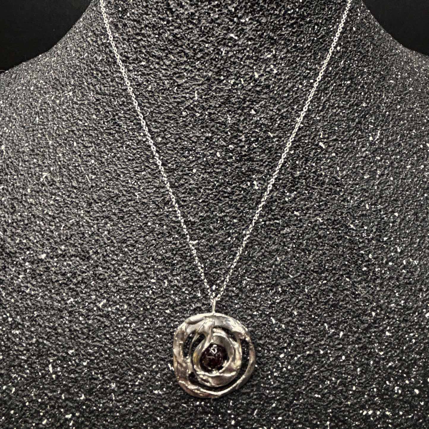 Soft Solder Abstract Garnet Circle Pendant on Chain Necklace