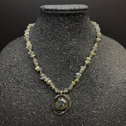 Soft Solder Labradorite Pendant and Labradorite Chip Necklace
