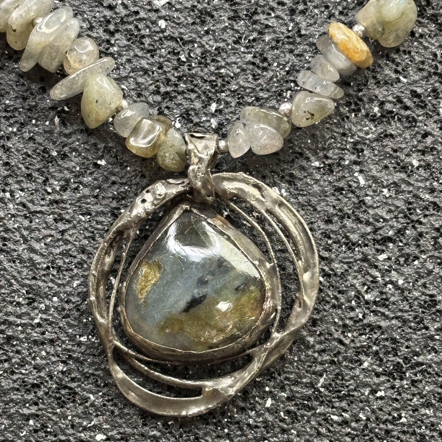Soft Solder Labradorite Pendant and Labradorite Chip Necklace