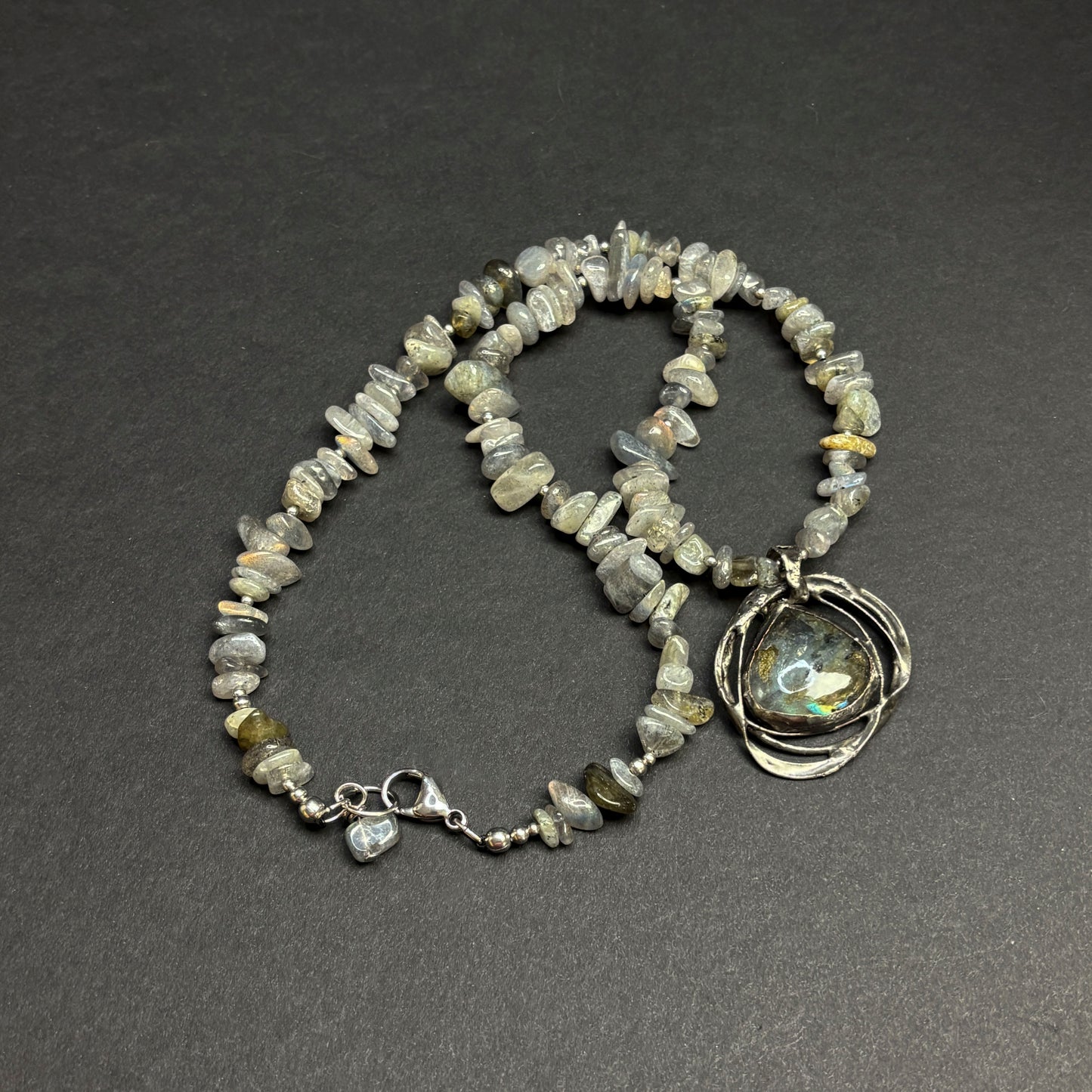 Soft Solder Labradorite Pendant and Labradorite Chip Necklace