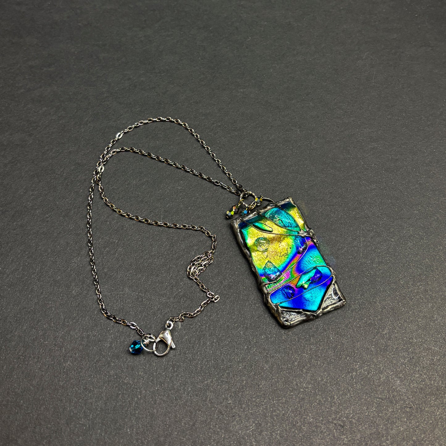 Soft Solder Fused Dichroic Glass Pendant on Chain