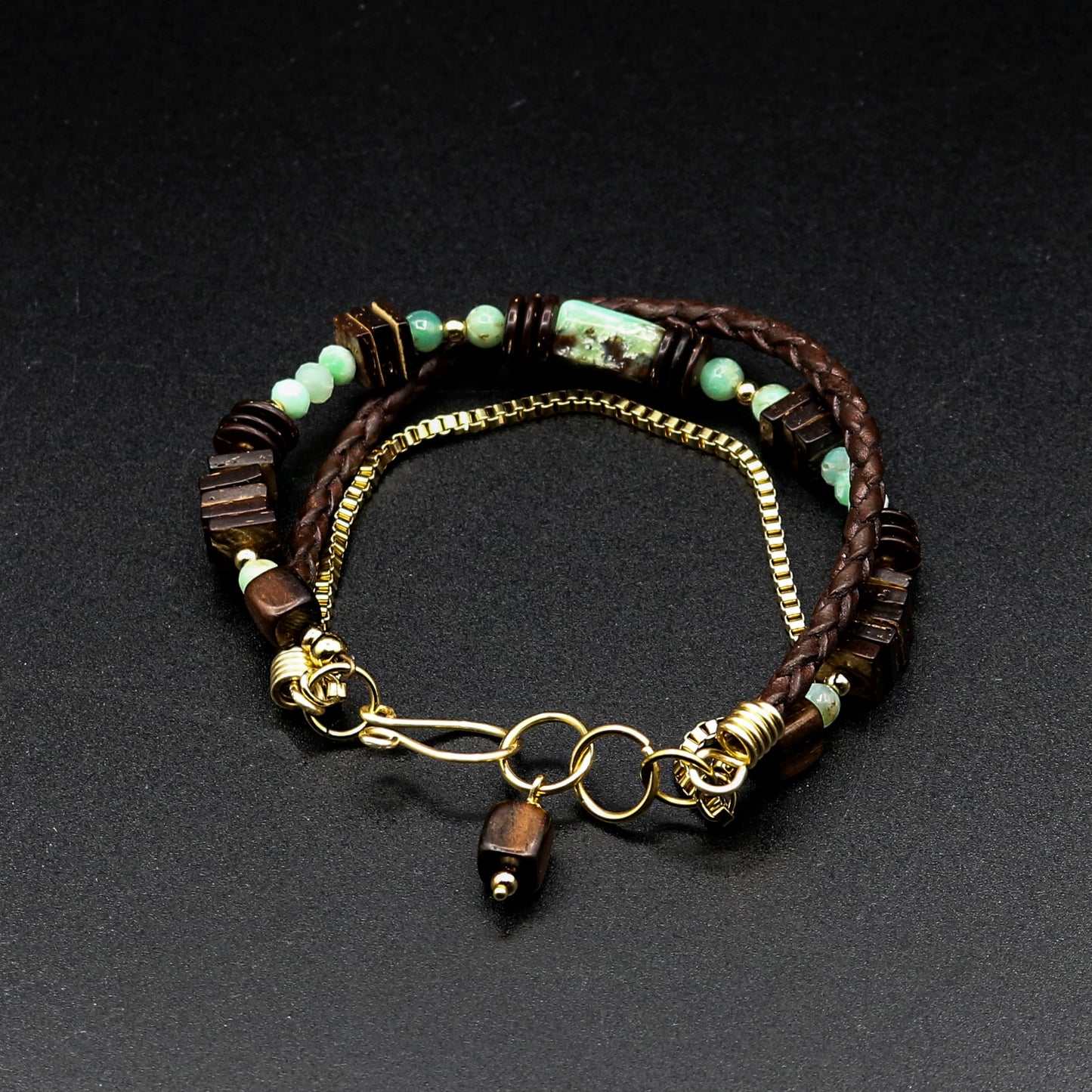 Australian Chrysoprase, Chain & Leather Multi-strand Bracelet