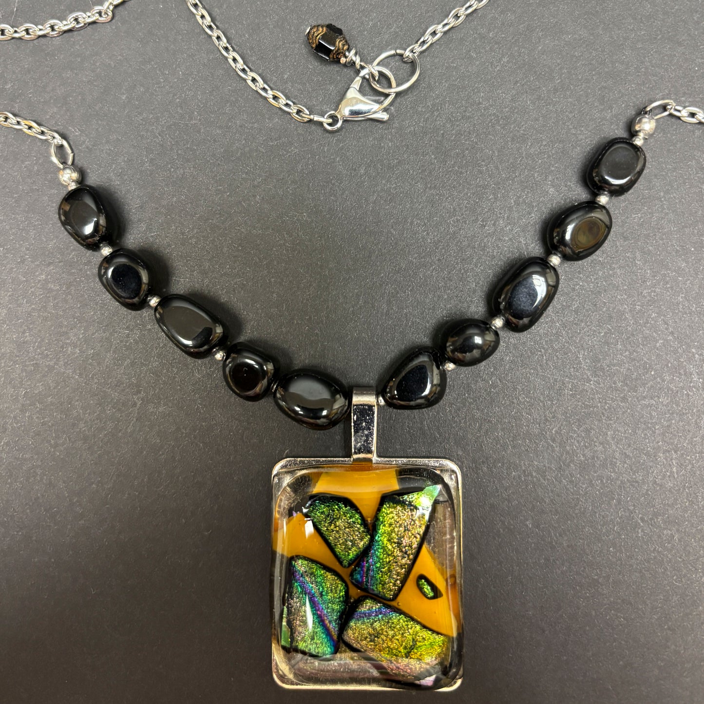Fused Glass Pendant on Black Jasper & Chain