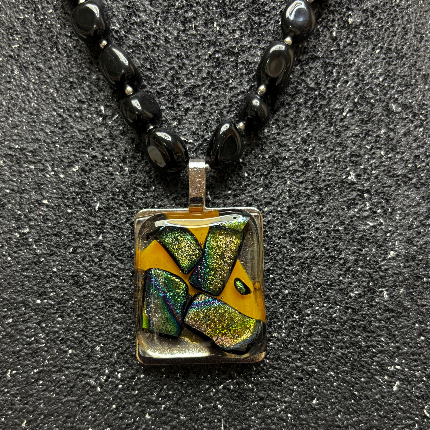 Fused Glass Pendant on Black Jasper & Chain