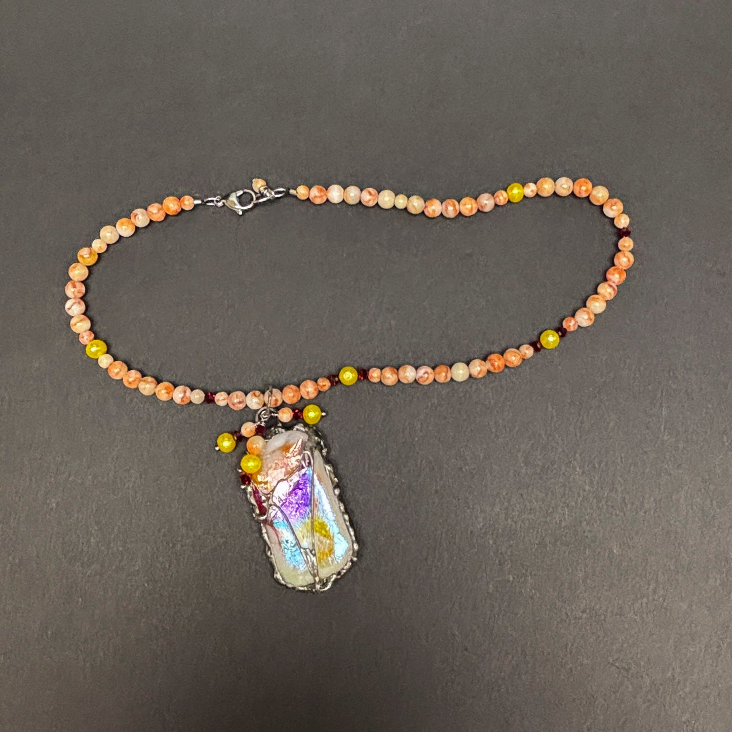 Solf Solder Fused Glass Pendant on Orange Marble Necklace