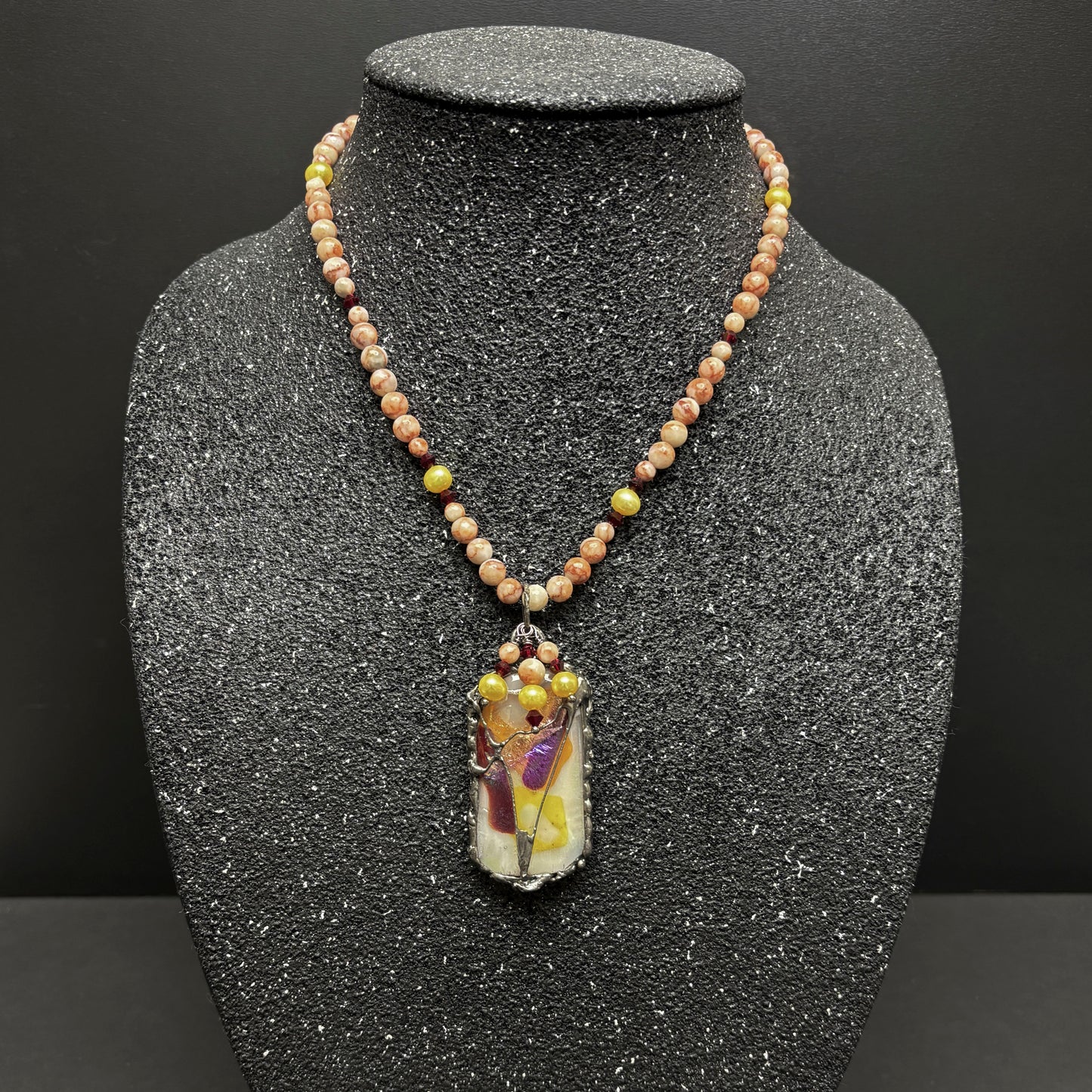Solf Solder Fused Glass Pendant on Orange Marble Necklace