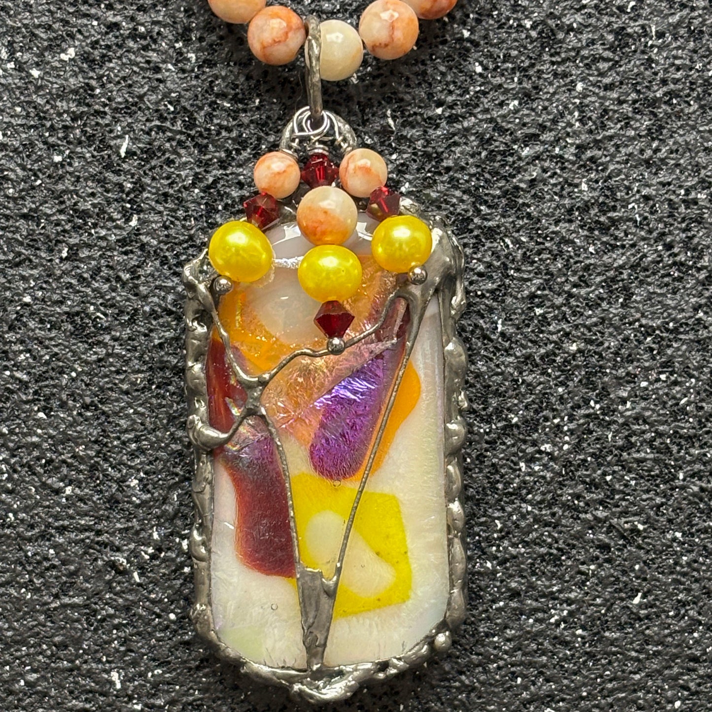 Solf Solder Fused Glass Pendant on Orange Marble Necklace