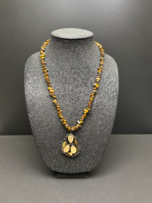 Soft Solder Jasper, Citrine and Agate Pendant on Tigers Eye Necklace