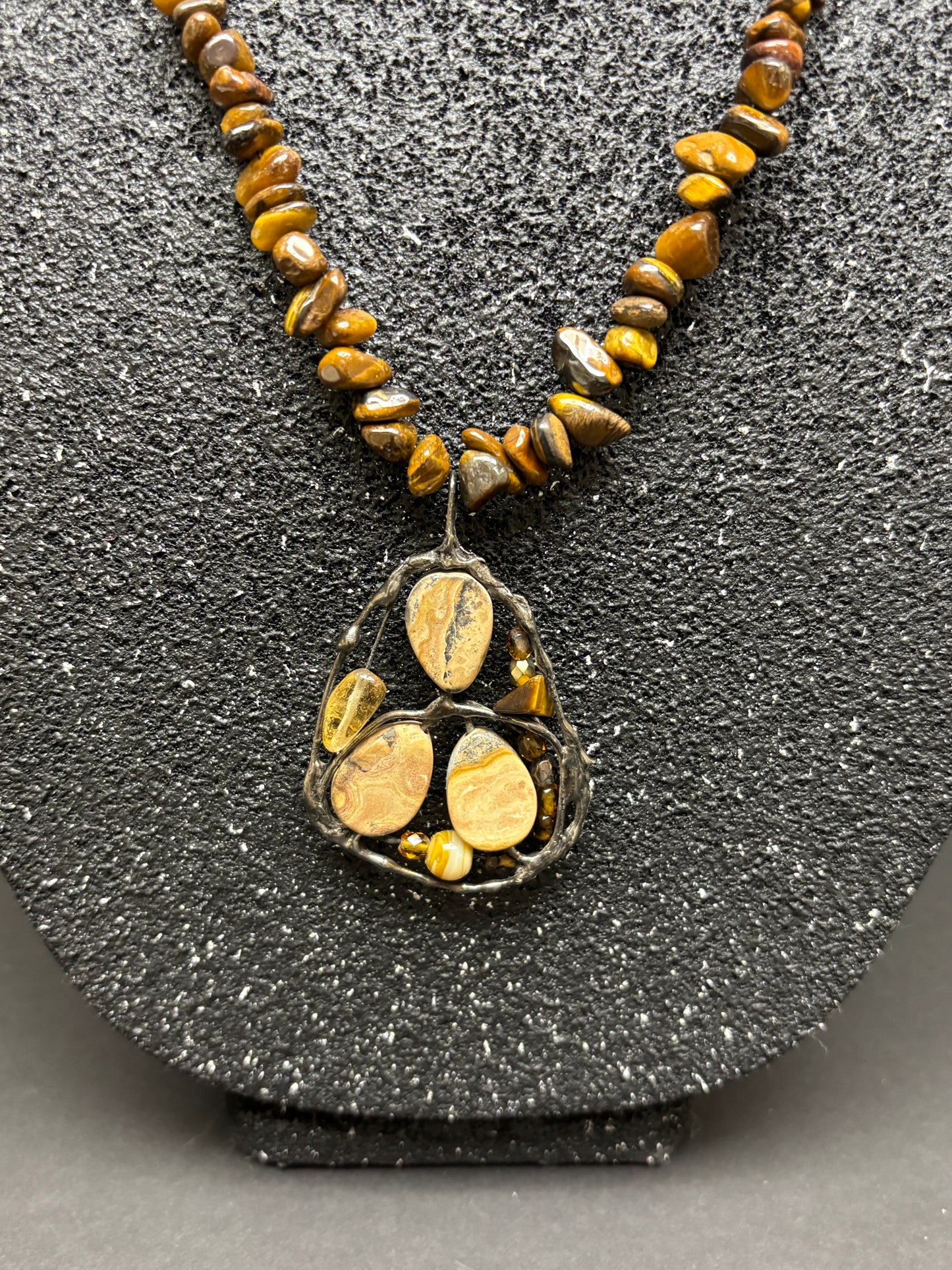 Soft Solder Jasper, Citrine and Agate Pendant on Tigers Eye Necklace