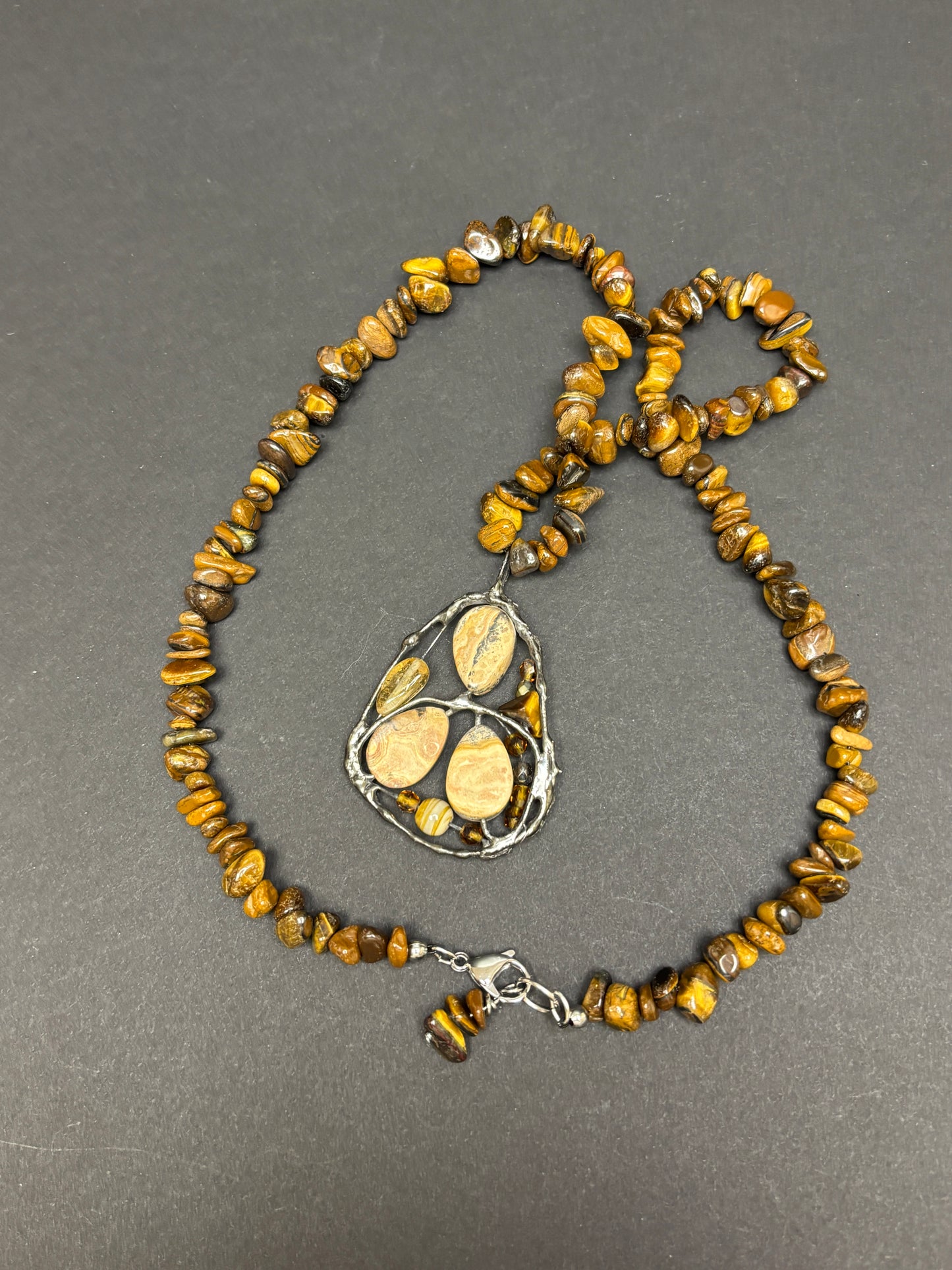 Soft Solder Jasper, Citrine and Agate Pendant on Tigers Eye Necklace