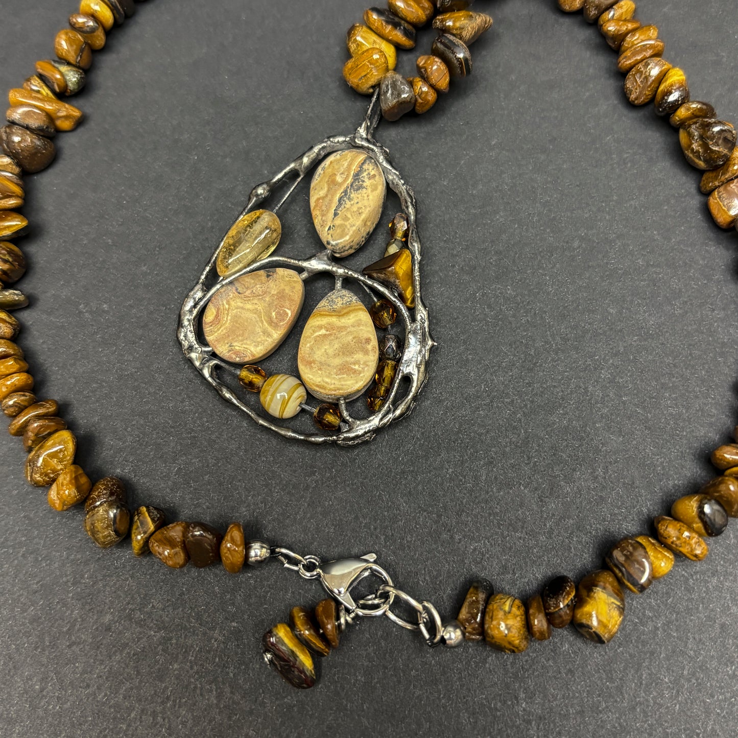 Soft Solder Jasper, Citrine and Agate Pendant on Tigers Eye Necklace
