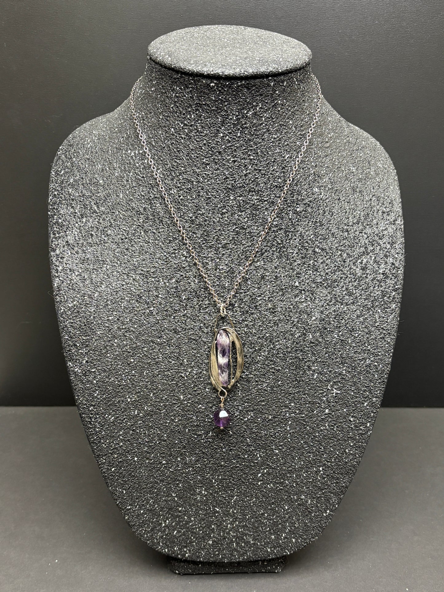 Soft Solder Oblong Chevron Amethyst Pendant on Chain