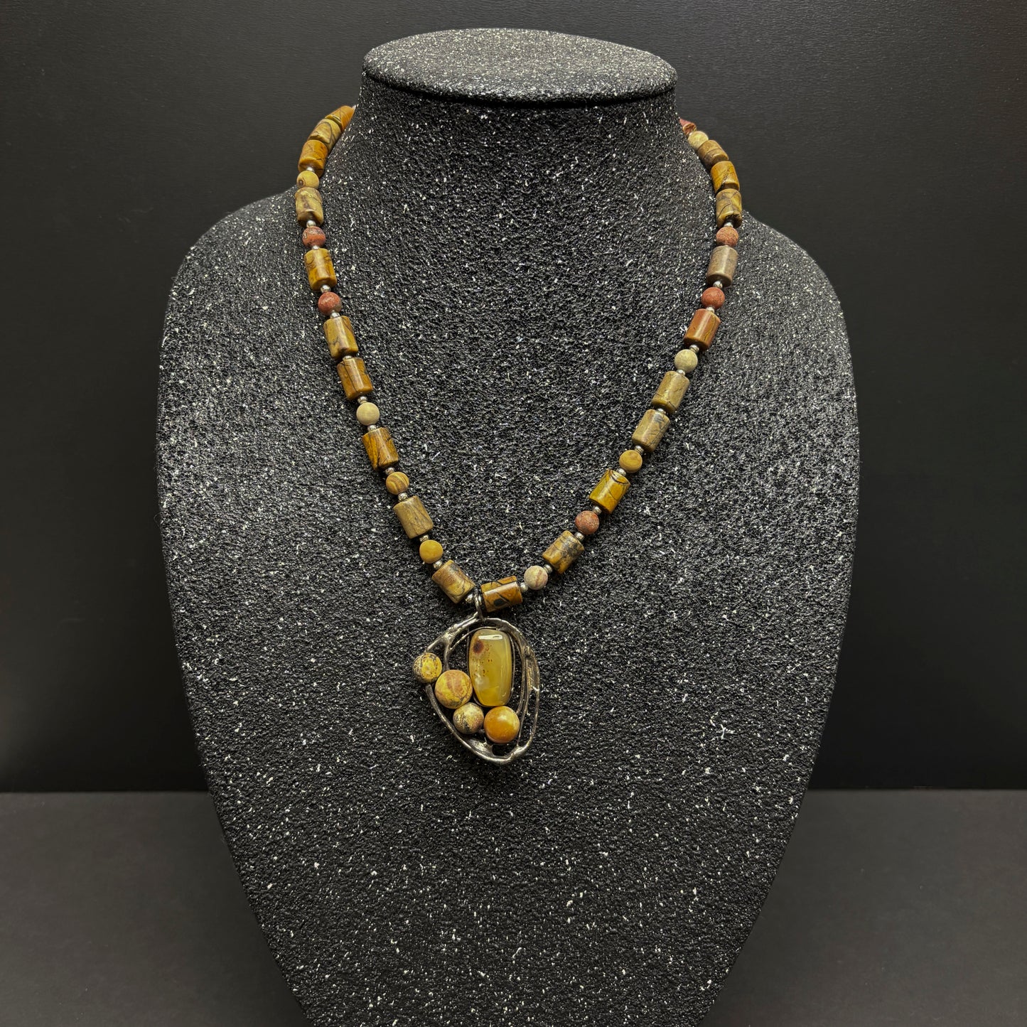 Soft Solder Mixed Gemstone Pendant on Red Creek Jasper Necklace