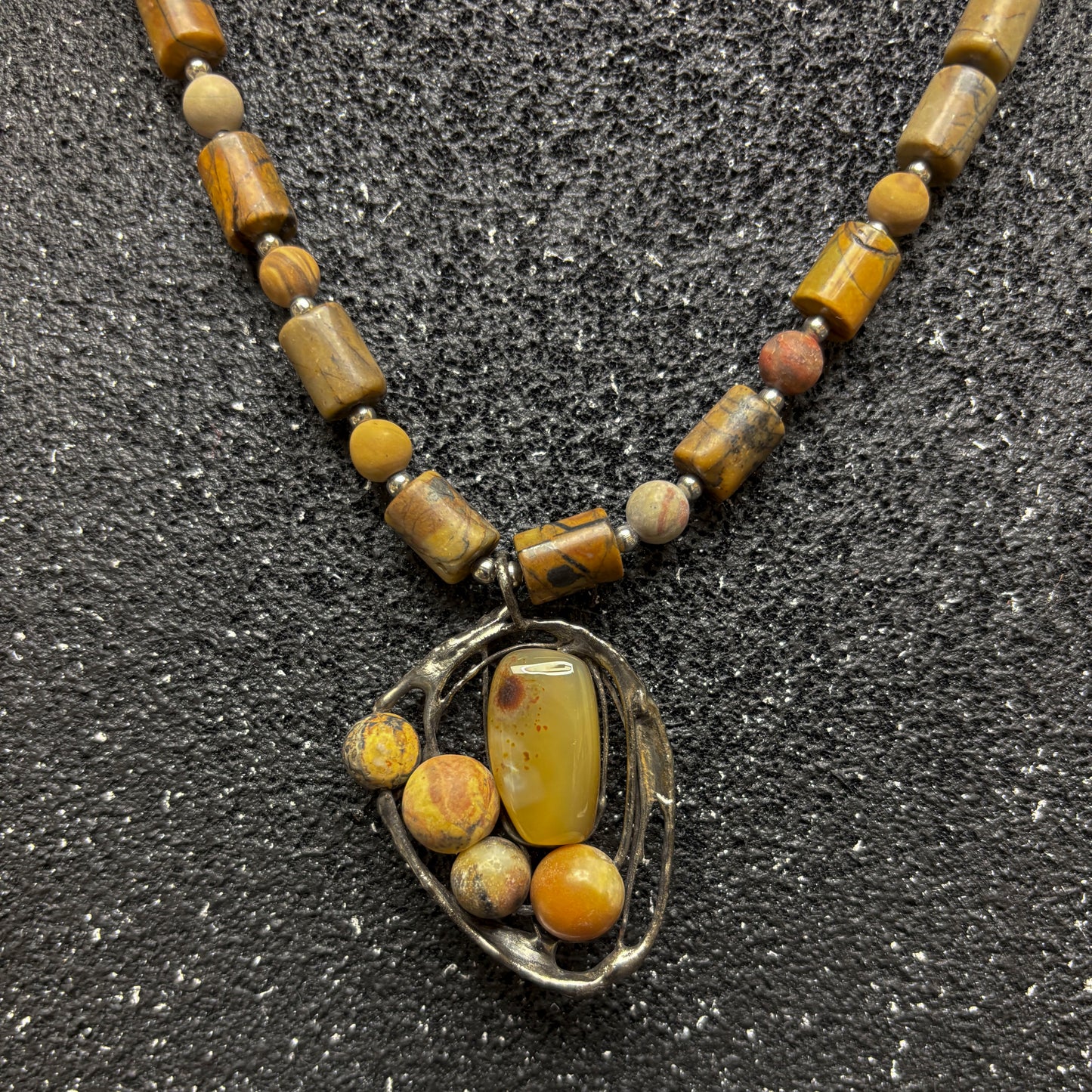 Soft Solder Mixed Gemstone Pendant on Red Creek Jasper Necklace
