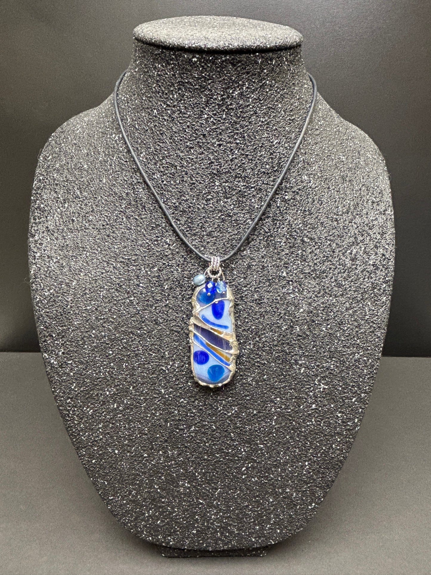 Soft Solder Fused Glass Pendant in Blues on Leather Necklace