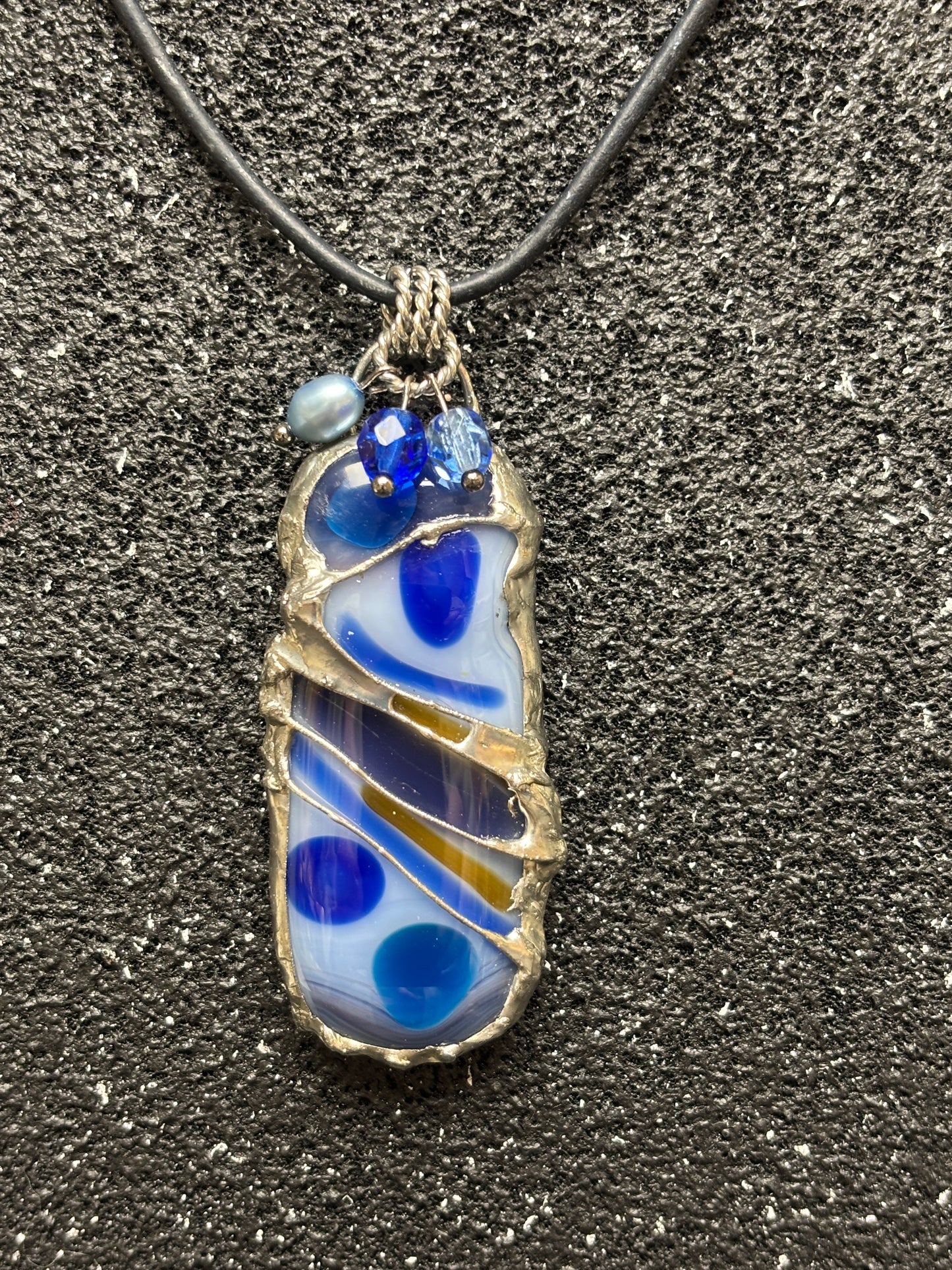Soft Solder Fused Glass Pendant in Blues on Leather Necklace