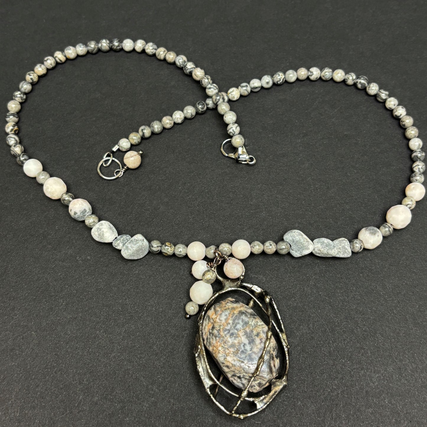 Soft Solder Leopard Skin Jasper Cage pendant on Jasper & Larvakite Necklace