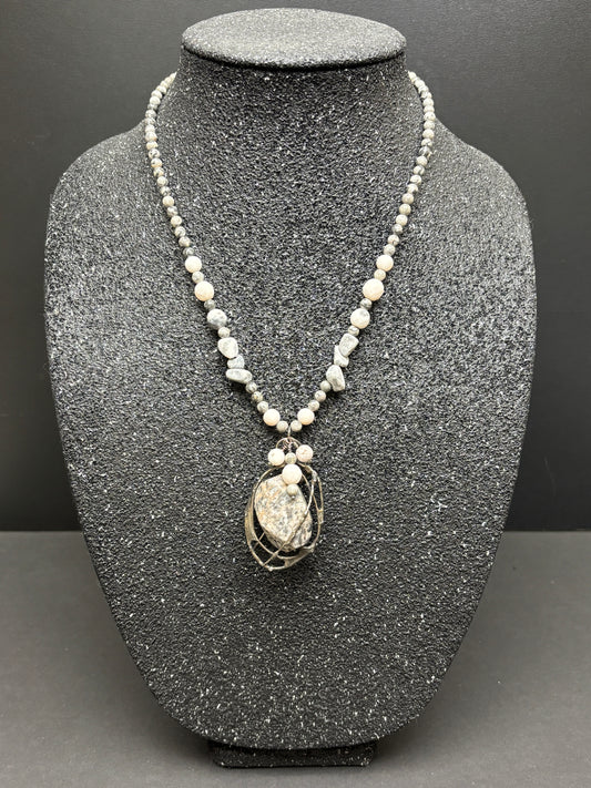 Soft Solder Leopard Skin Jasper Cage pendant on Jasper & Larvakite Necklace