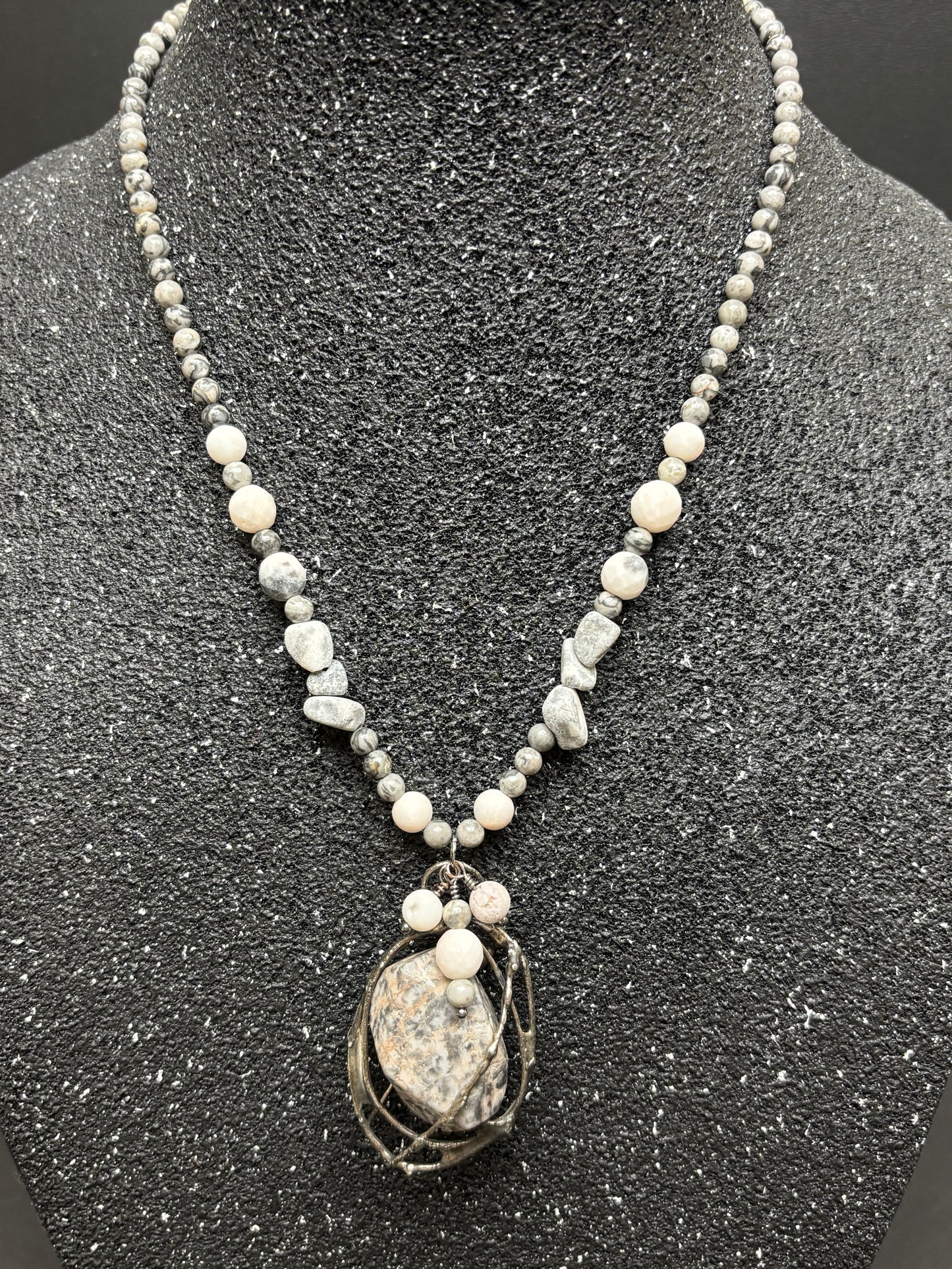 Soft Solder Leopard Skin Jasper Cage pendant on Jasper & Larvakite Necklace