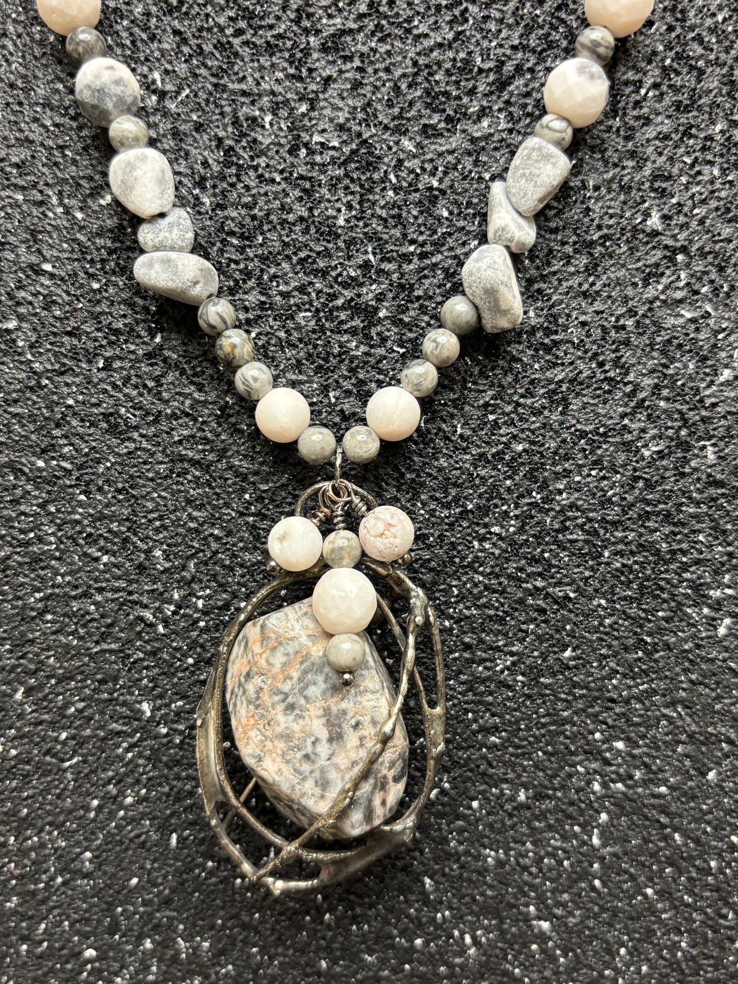 Soft Solder Leopard Skin Jasper Cage pendant on Jasper & Larvakite Necklace
