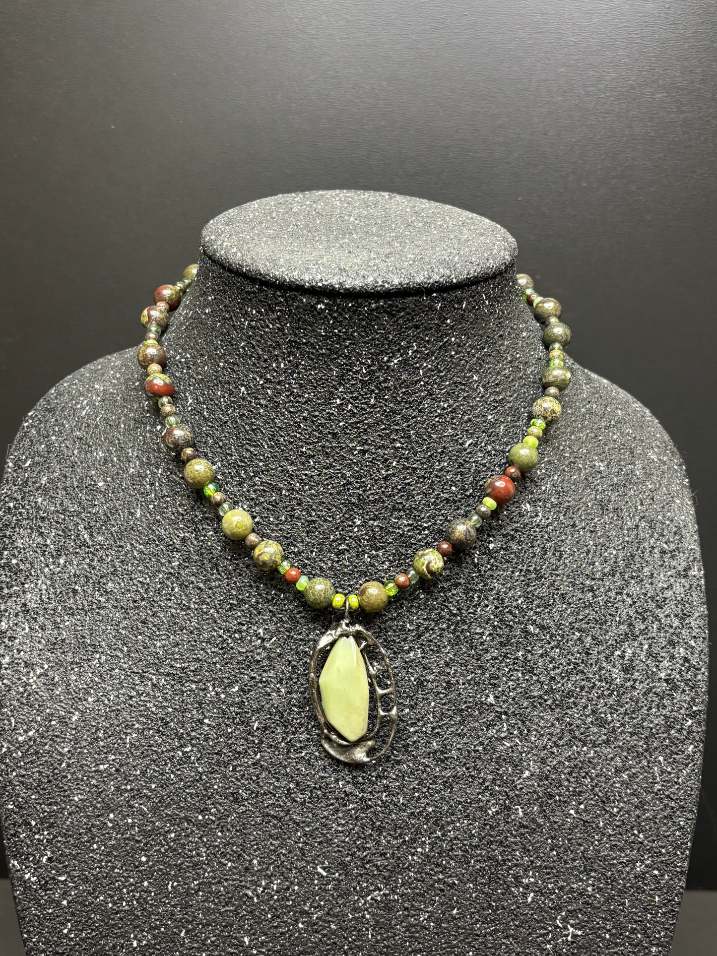 Soft Solder Chrysoprase Pendant on Dragon Blood & Czech Glass Necklace