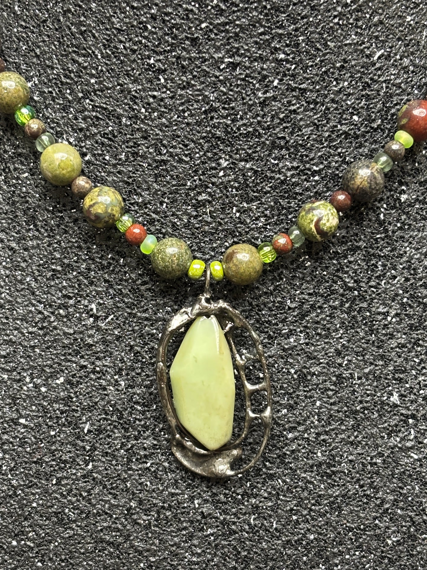 Soft Solder Chrysoprase Pendant on Dragon Blood & Czech Glass Necklace