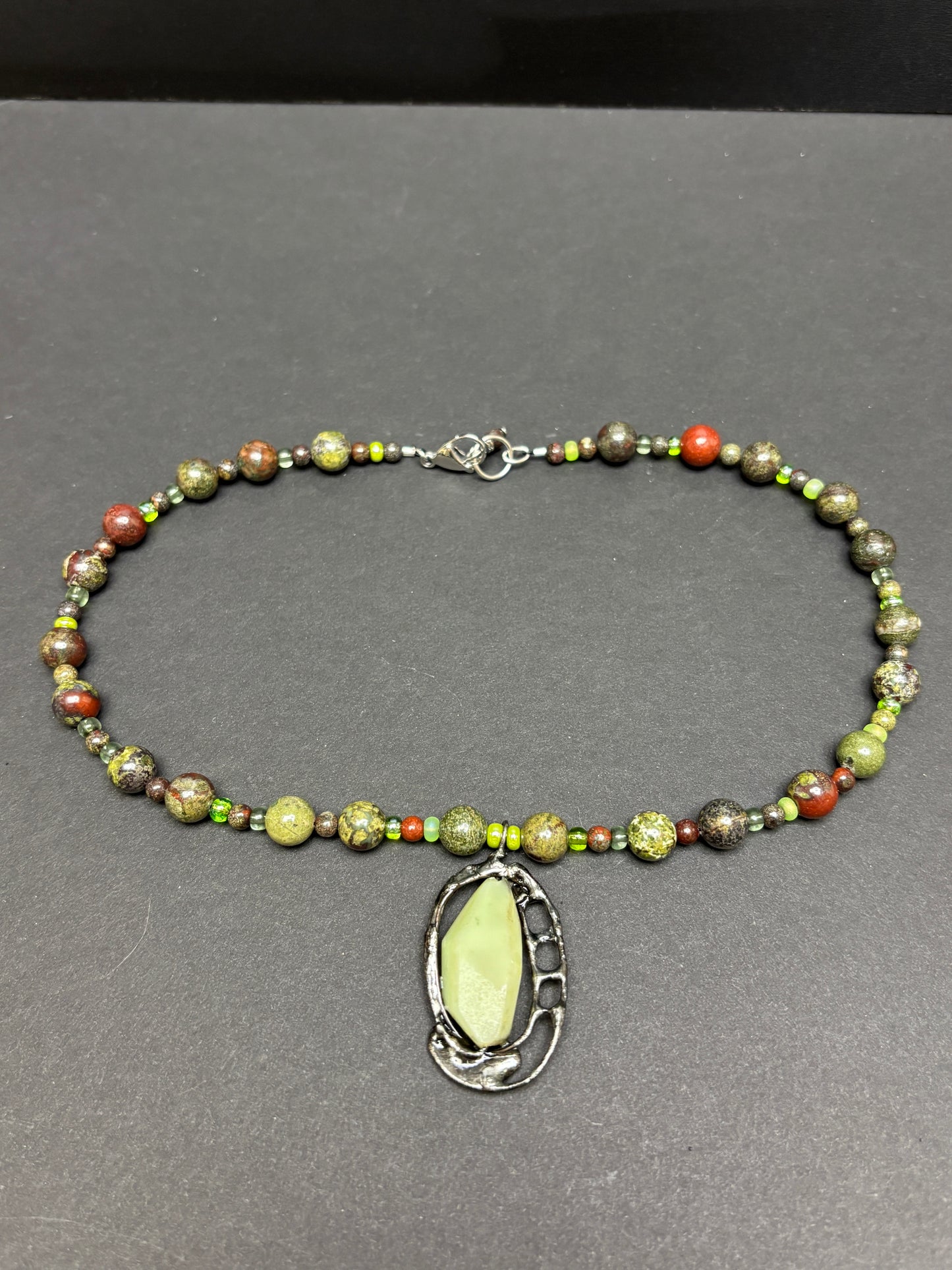Soft Solder Chrysoprase Pendant on Dragon Blood & Czech Glass Necklace