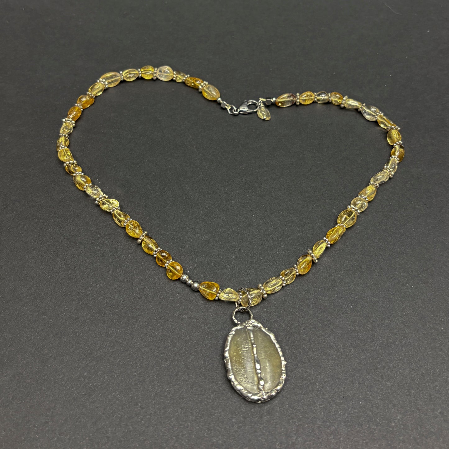 Soft Solder Citrine Pendant on Citrine Pebble Strand Necklace