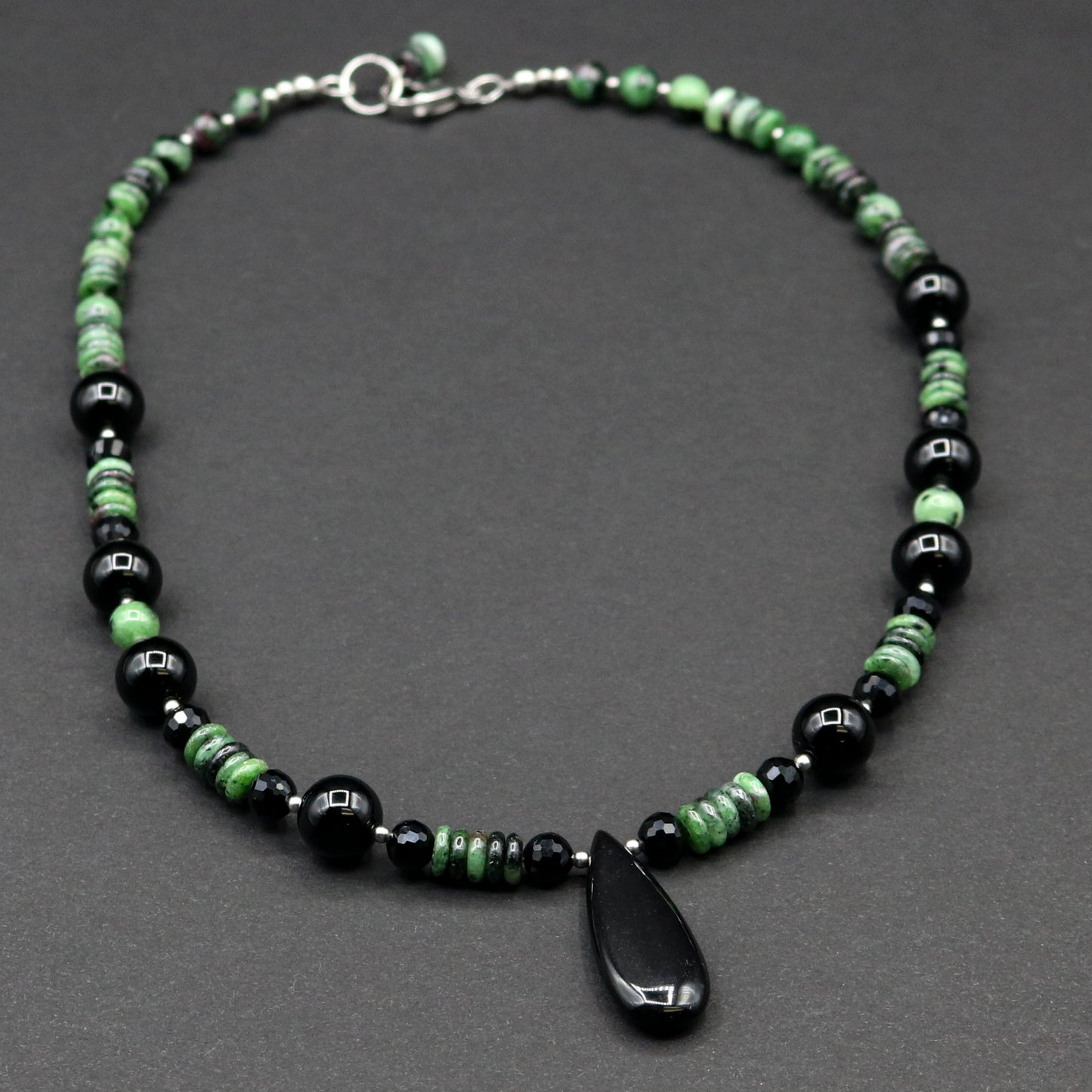 Black Onyx & Ruby in Zoisite Necklace w/Teardrop Pendant