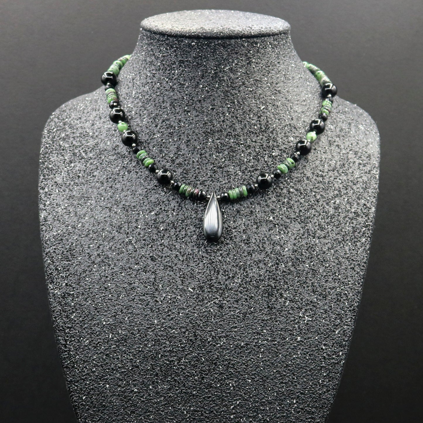 Black Onyx & Ruby in Zoisite Necklace w/Teardrop Pendant